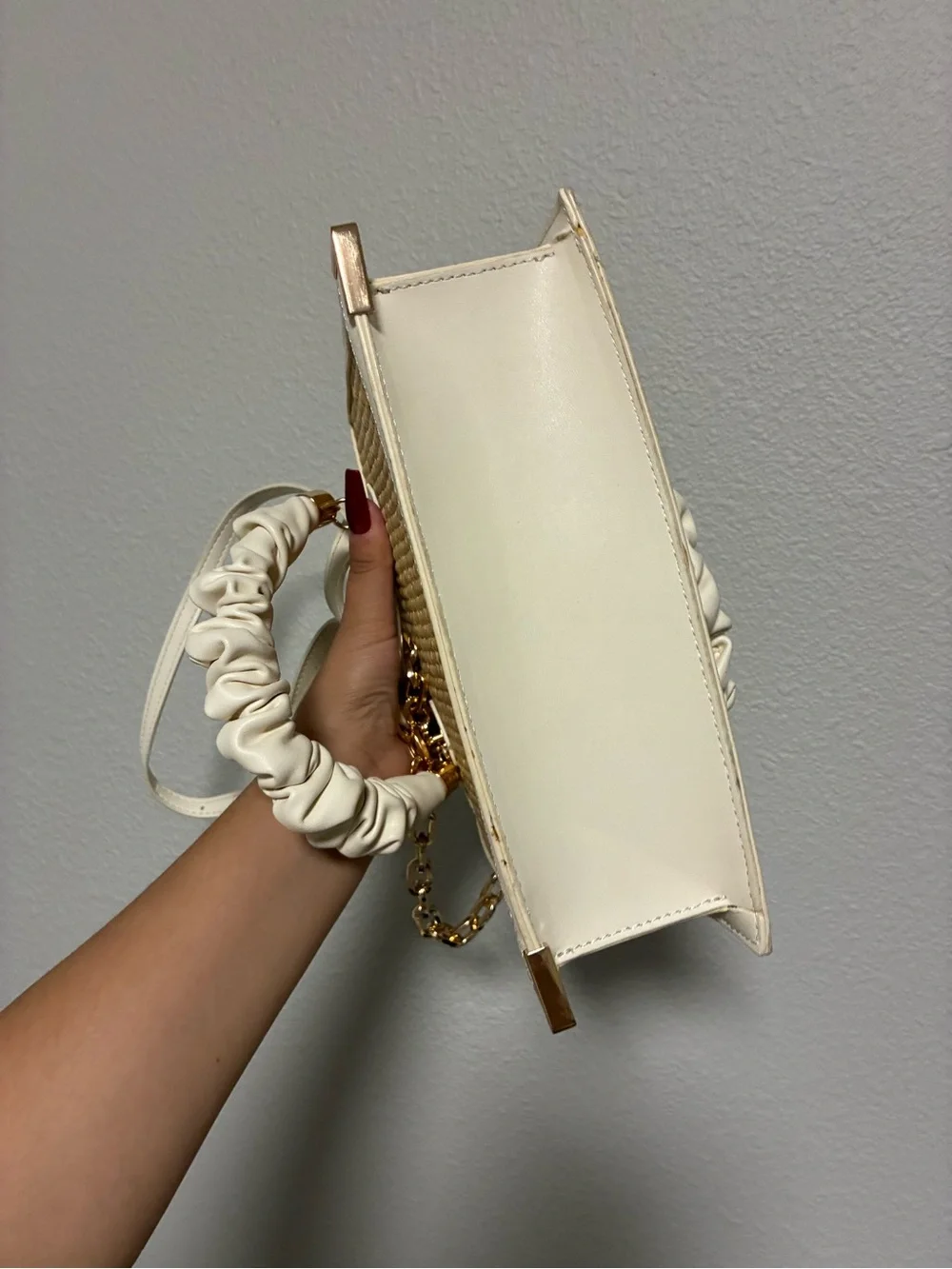 Woven Straw Accent Crossbody Bag with White Trim and Gold Chain